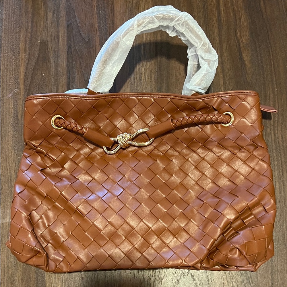 Woven Tote Bag in Brown with Gold Accent